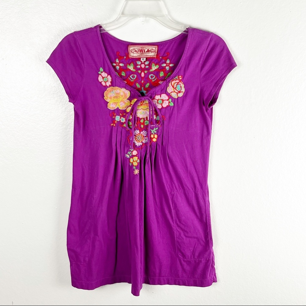 JOHNNY WAS Fuchsia Floral Embroidered Jersey Knit V-Neck Pockets Tunic Top XS